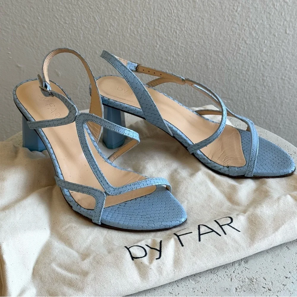 BY FAR Brigette pastel blue leather snake print sandals, size 36.